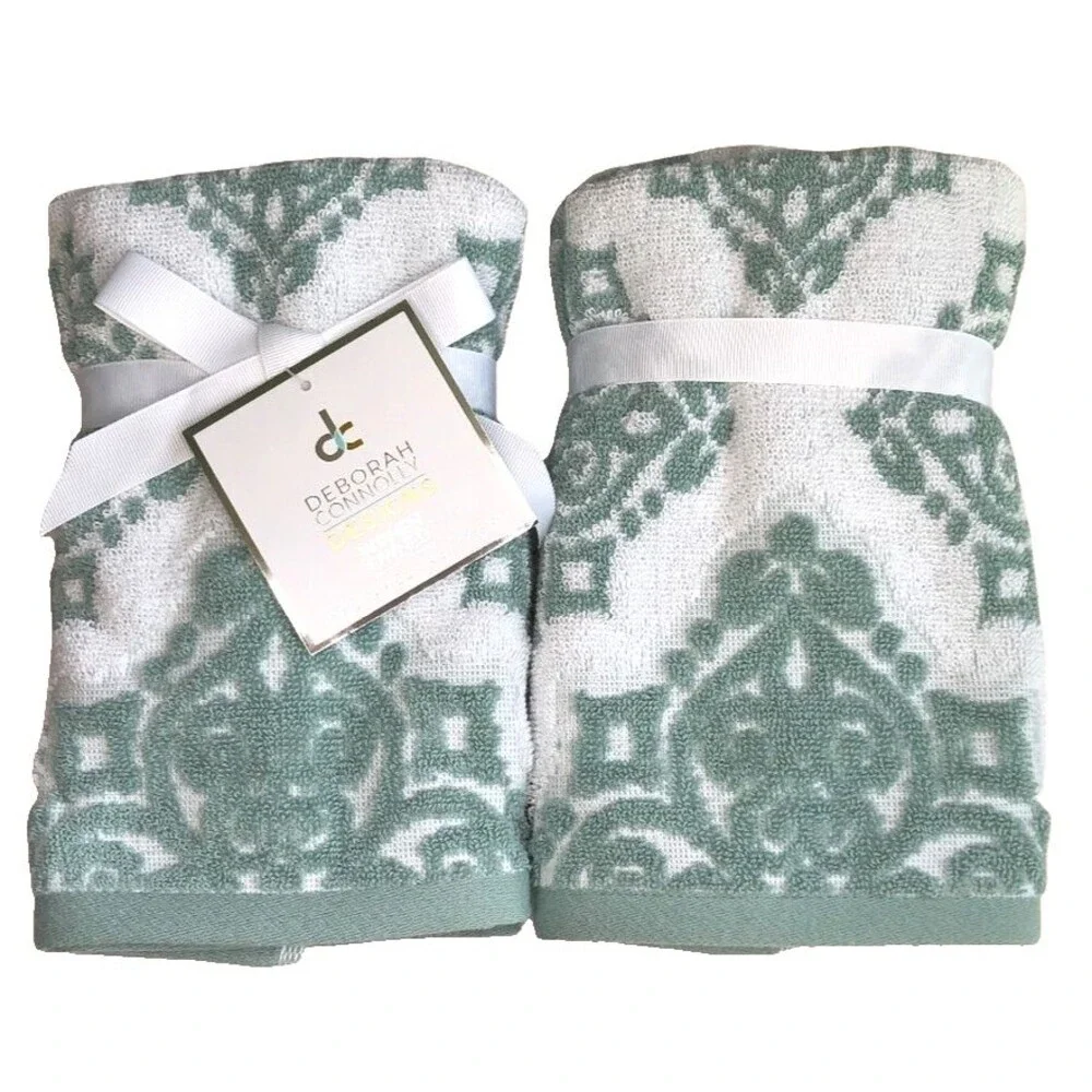 Deborah Connolly Fingertip Towels Green White Chenille Sculptured Set of 2